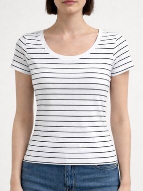 🇨🇦 MEEMOZA Stripe Bamboo Cotton Tee White Black Size S